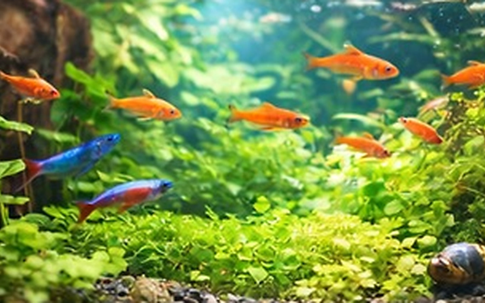 Colorful schooling fish in a planted nano tank